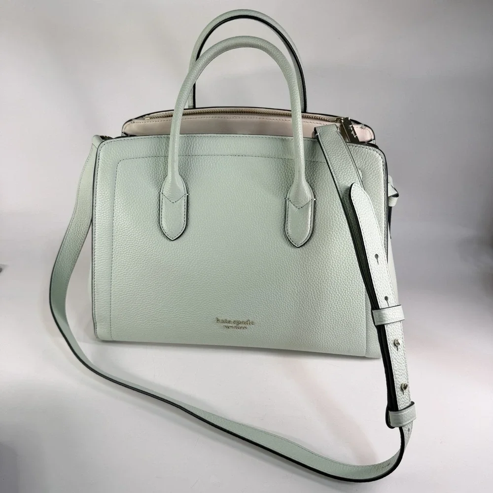 Kate Spade knott Leather Medium Satchel Crossbody Tote Mint Pistachio Pebbled